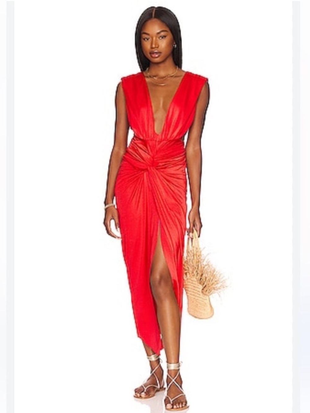BAOBAB Mia Plunge V-Neck Gathered Midi Dress Ruby Size Small